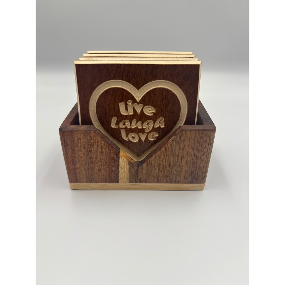 Live Laugh Love Wooden Coaster Set with Holder 4 Piece Heart Engraved Brown Wood